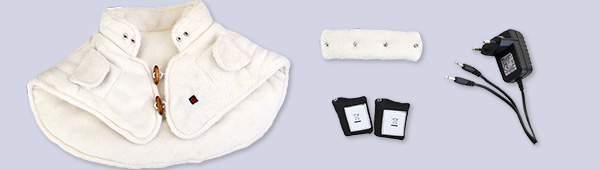 Thermo Cape mit zwei Akkus, einem Ladegerät und der Halskrause.